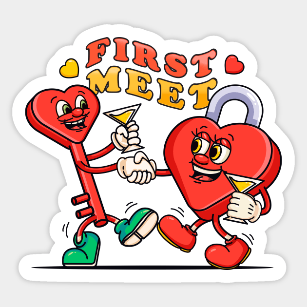 First met on Valentine's Day, cute cartoon mascot couple lock and key Sticker by Vyndesign